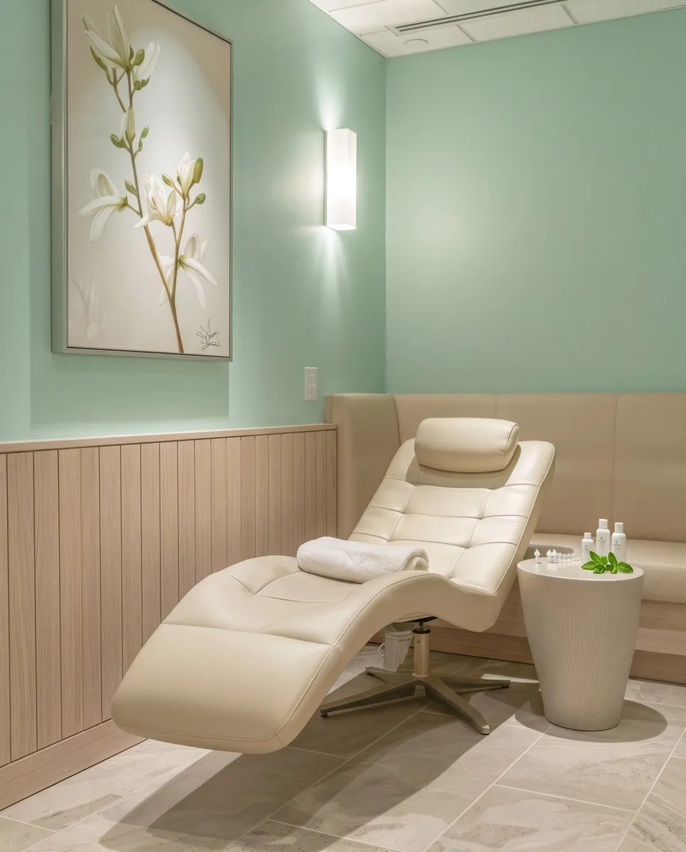 Sala de procedimentos com poltrona estética bege