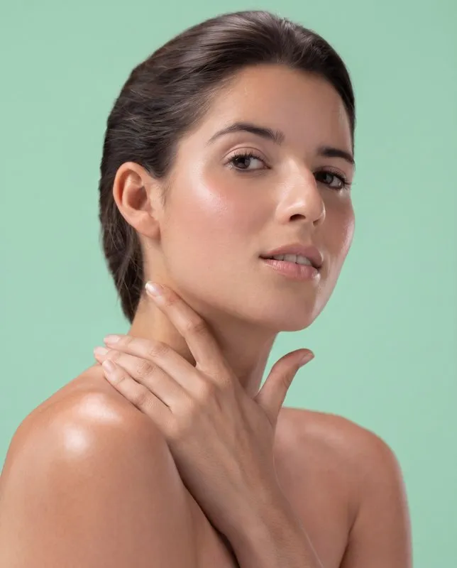 Mulher com pele iluminada em fundo verde